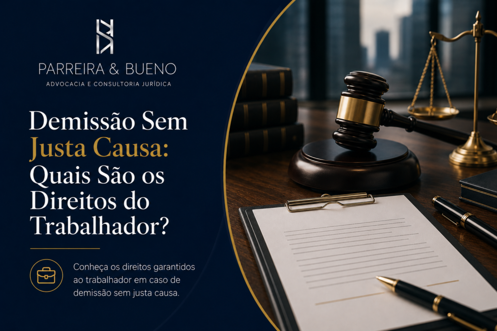 Imagem ilustrativa sobre demissão sem justa causa e os direitos do trabalhador, com martelo de juiz, balança da justiça e documento trabalhista.