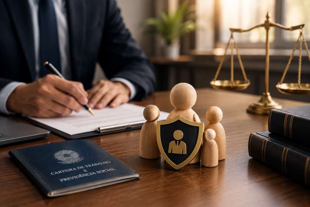 Imagem ilustrativa sobre estabilidade no emprego e proteção dos direitos do trabalhador, com elementos do Direito do Trabalho e segurança jurídica.