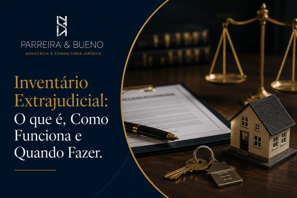 Imagem ilustrativa sobre inventário extrajudicial, com documentos, chaves de imóvel, maquete de casa e balança da justiça, representando o processo de sucessão patrimonial.