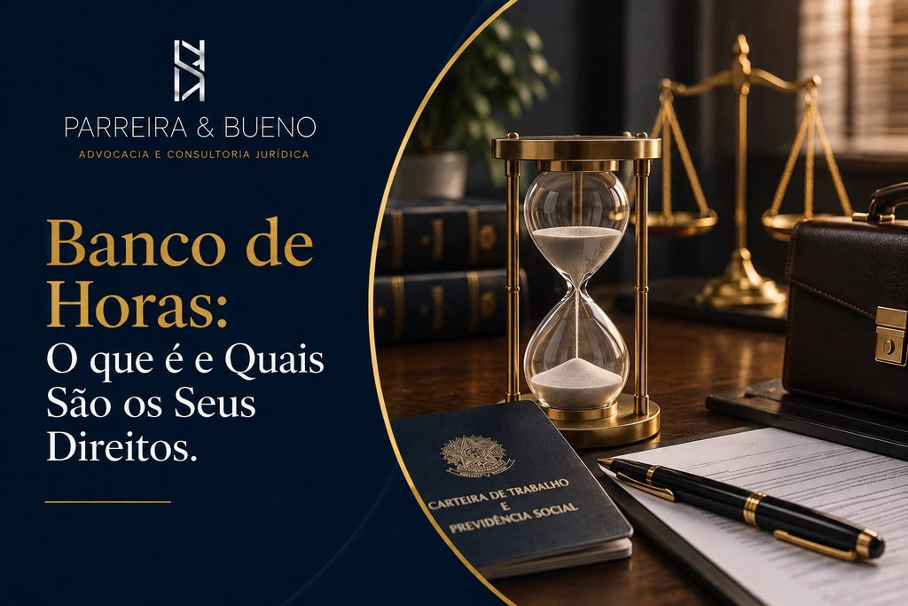 Banco de horas e direitos do trabalhador, com ampulheta e elementos da legislação trabalhista.